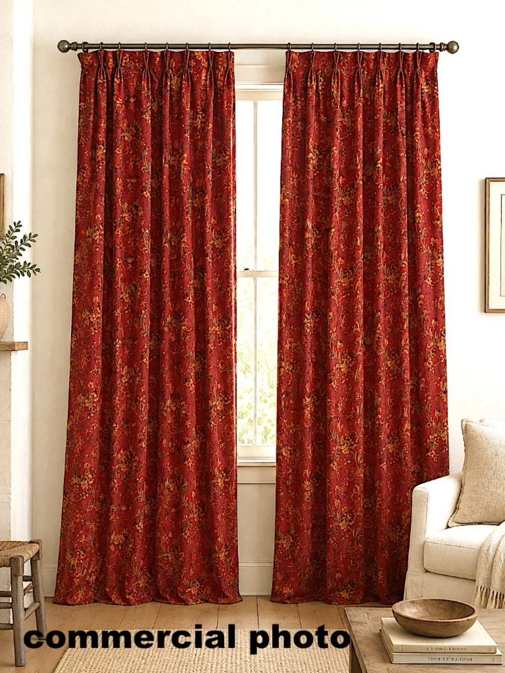 French Country Custom Pleated Drapes Floral Baroque Scroll Red 2 @ 105